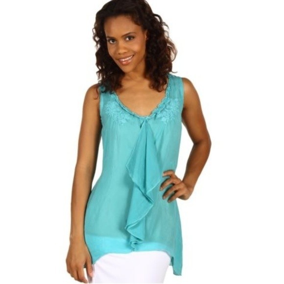 Johnny Was Tank Top XS Teal Blue High Low Ruffle Embroidered High Low Bohemian